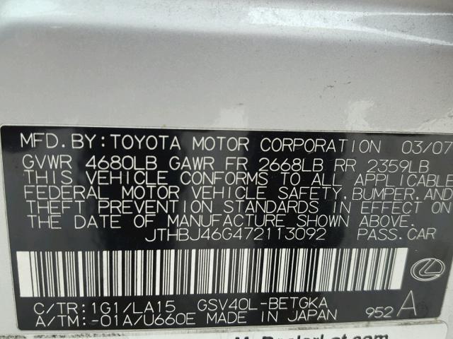 JTHBJ46G472113092 - 2007 LEXUS ES 350 SILVER photo 10