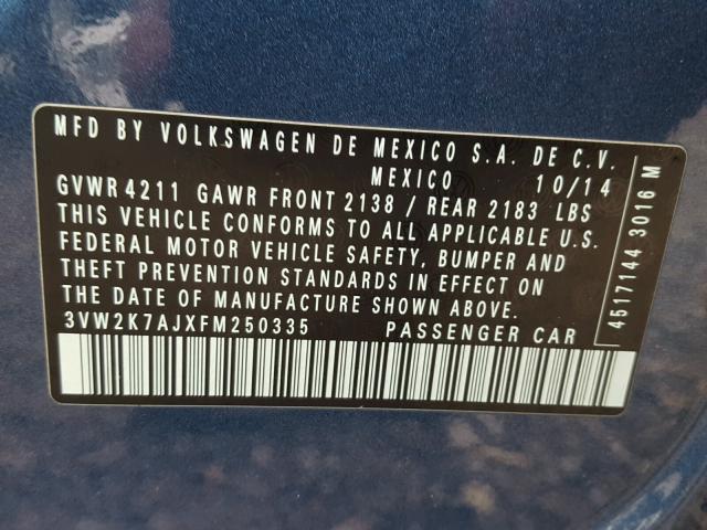 3VW2K7AJXFM250335 - 2015 VOLKSWAGEN JETTA BASE ლურჯი ფოტო 10