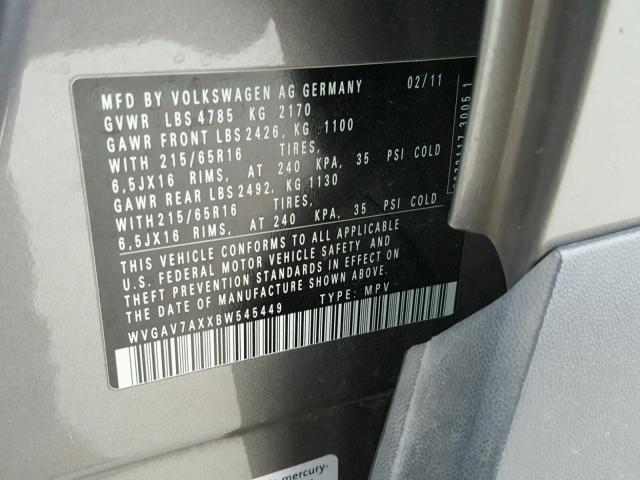 WVGAV7AXXBW545449 - 2011 VOLKSWAGEN TIGUAN S GRAY photo 10