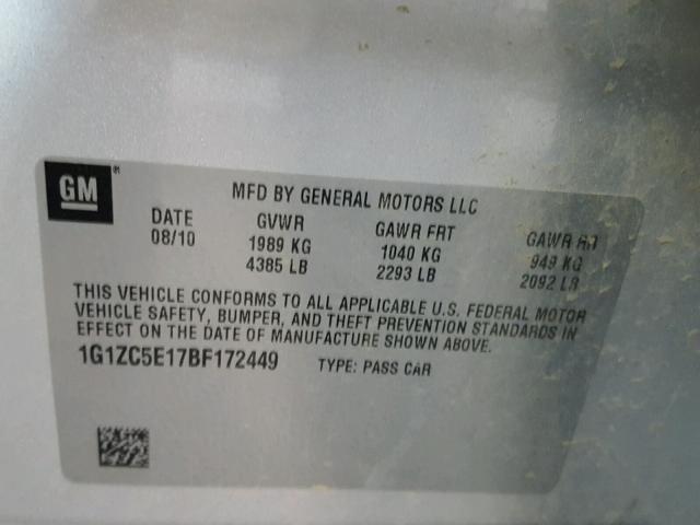 1G1ZC5E17BF172449 - 2011 CHEVROLET MALIBU 1LT SILVER photo 10