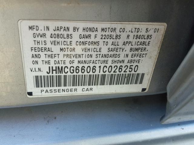 JHMCG66061C026250 - 2001 HONDA ACCORD EX SILVER photo 10