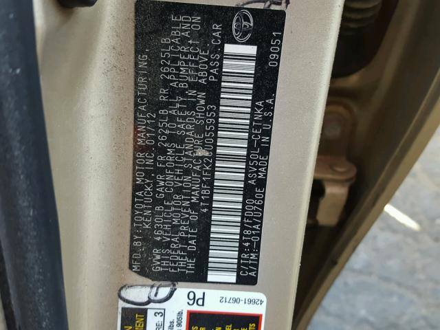 4T1BF1FK2CU055953 - 2012 TOYOTA CAMRY BASE GOLD photo 10