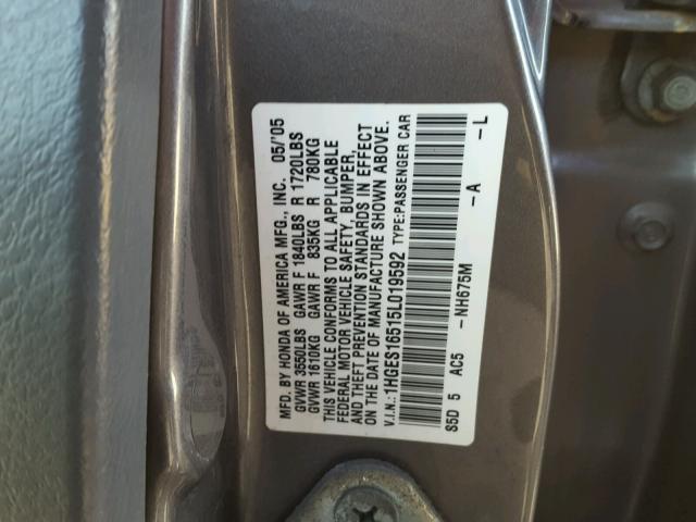 1HGES16515L019592 - 2005 HONDA CIVIC LX GRAY photo 10