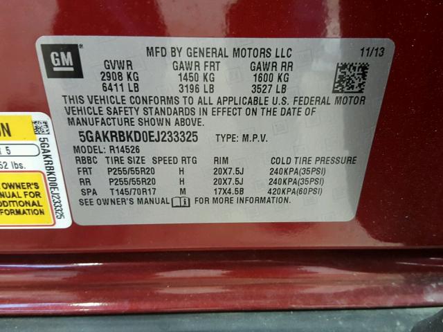 5GAKRBKD0EJ233325 - 2014 BUICK ENCLAVE RED photo 10