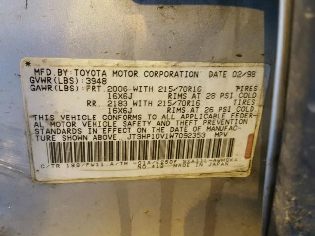 JT3HP10V1W7092353 - 1998 TOYOTA RAV4 SILVER photo 10