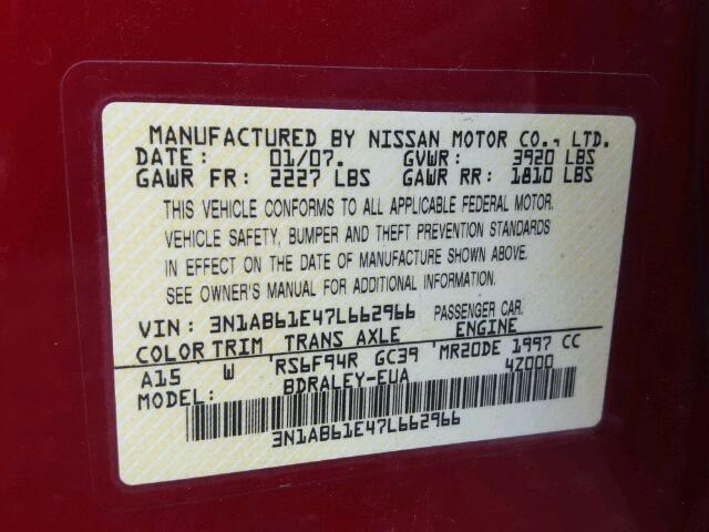 3N1AB61E47L662966 - 2007 NISSAN SENTRA 2.0 RED photo 10