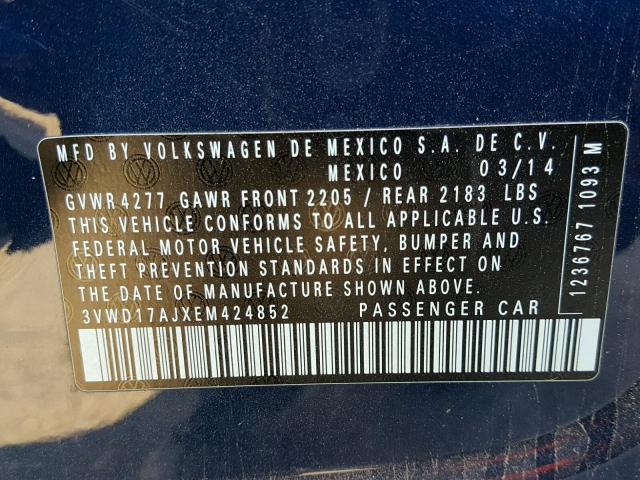 3VWD17AJXEM424852 - 2014 VOLKSWAGEN JETTA SE BLUE photo 10