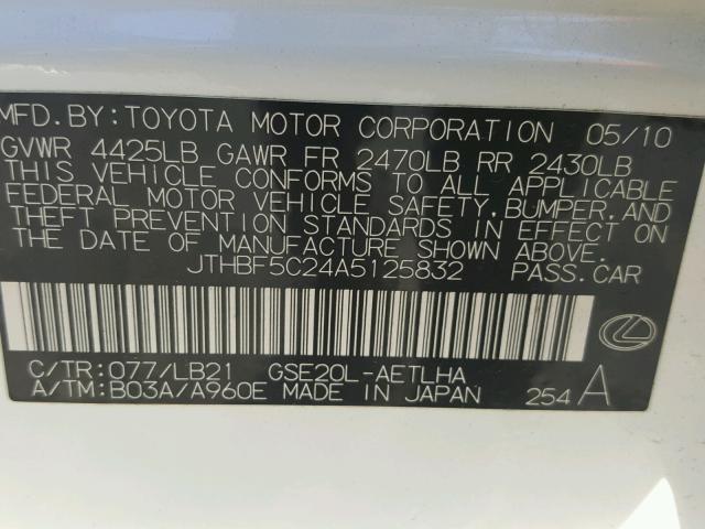 JTHBF5C24A5125832 - 2010 LEXUS IS 250 WHITE photo 10