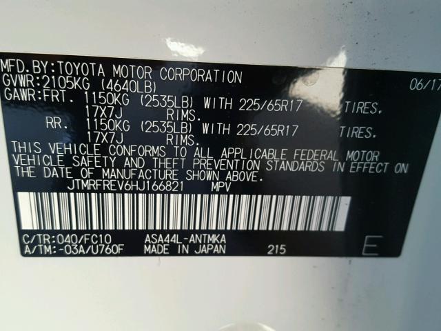 JTMRFREV6HJ166821 - 2017 TOYOTA RAV4 XLE WHITE photo 10