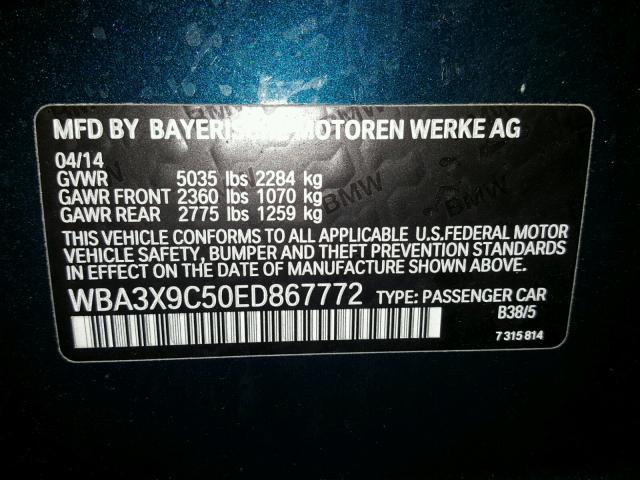 WBA3X9C50ED867772 - 2014 BMW 335 XIGT BLUE photo 10