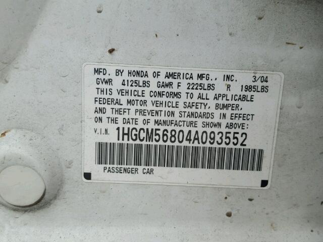 1HGCM56804A093552 - 2004 HONDA ACCORD EX WHITE photo 10