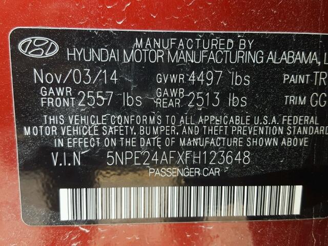 5NPE24AFXFH123648 - 2015 HYUNDAI SONATA SE RED photo 10