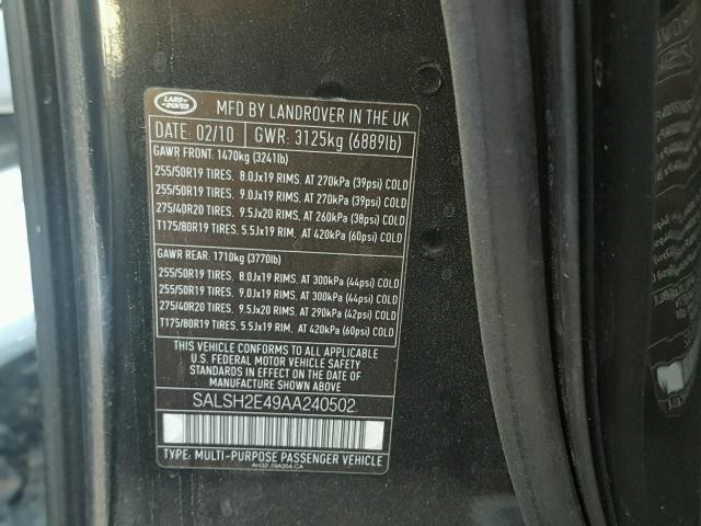 SALSH2E49AA240502 - 2010 LAND ROVER RANGE ROVE BLACK photo 10