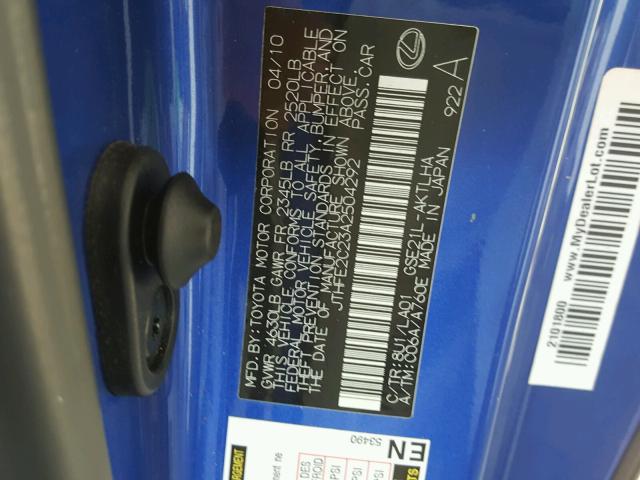 JTHFE2C23A2504292 - 2010 LEXUS IS 350 BLUE photo 10