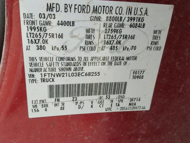 1FTNW21L03EC68255 - 2003 FORD F250 SUPER RED photo 10