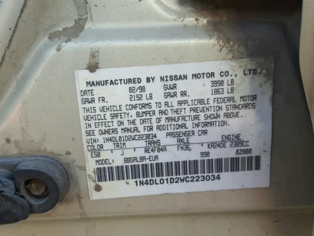 1N4DL01D2WC223034 - 1998 NISSAN ALTIMA XE GOLD photo 10