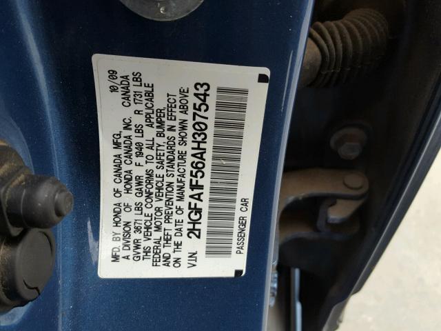 2HGFA1F56AH307543 - 2010 HONDA CIVIC LX BLUE photo 10