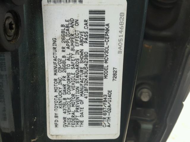 4T1BF32K43U542380 - 2003 TOYOTA CAMRY LE GREEN photo 10