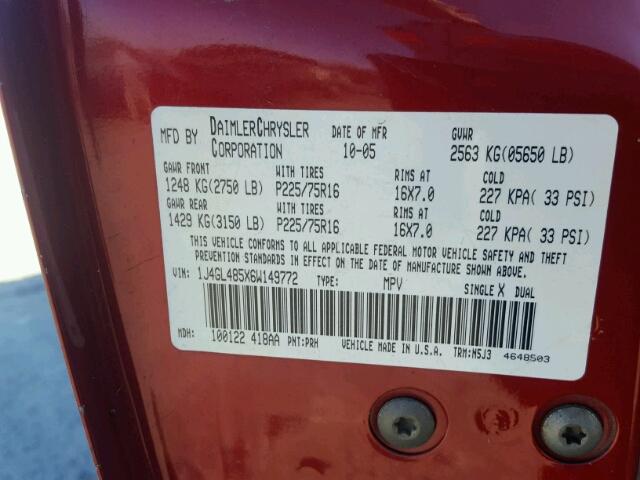 1J4GL485X6W149772 - 2006 JEEP LIBERTY SP RED photo 10