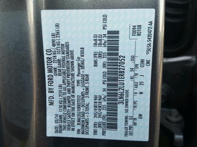 3LN6L2LU1ER827052 - 2014 LINCOLN MKZ HYBRID GRAY photo 10