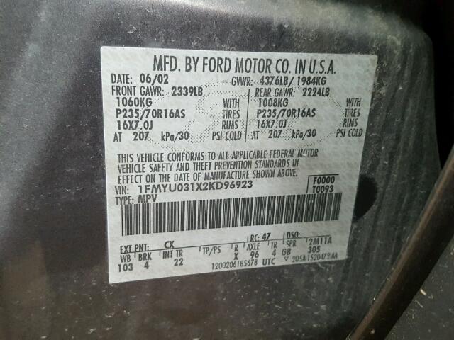 1FMYU031X2KD96923 - 2002 FORD ESCAPE XLT GRAY photo 10