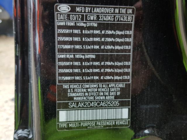 SALAK2D49CA625205 - 2012 LAND ROVER LR4 HSE LU BLACK photo 10
