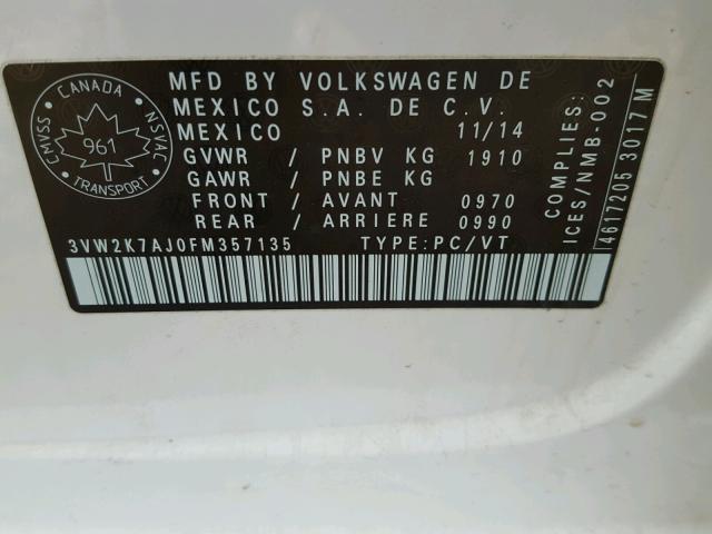 3VW2K7AJ0FM357135 - 2015 VOLKSWAGEN JETTA BASE WHITE photo 10