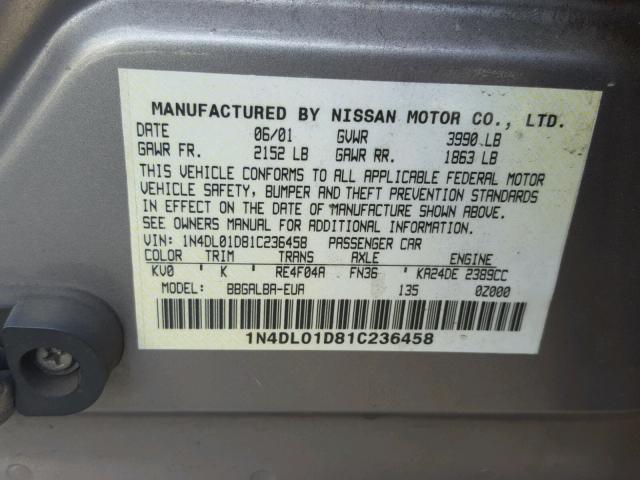 1N4DL01D81C236458 - 2001 NISSAN ALTIMA XE BEIGE photo 10