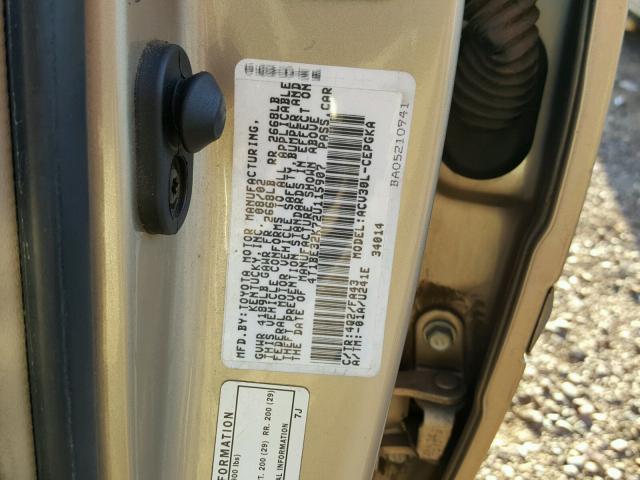 4T1BE32K72U115907 - 2002 TOYOTA CAMRY LE ოქროსფერი ფოტო 10