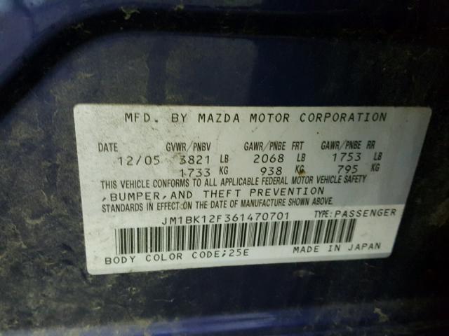 JM1BK12F361470701 - 2006 MAZDA 3 I BLUE photo 10