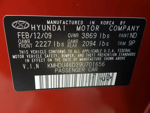 KMHDU46D39U701656 - 2009 HYUNDAI ELANTRA GL RED photo 10