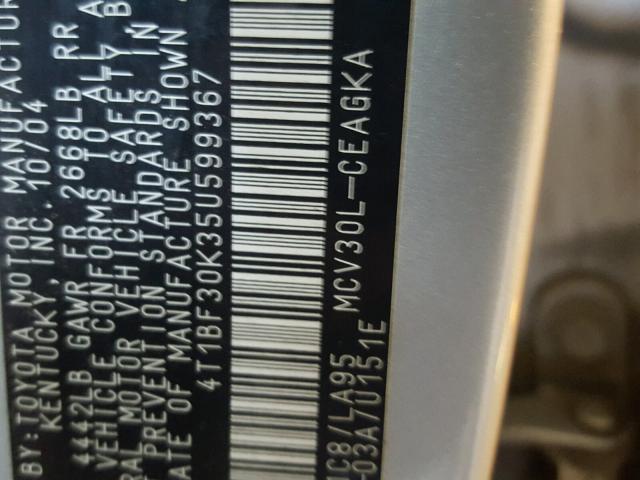 4T1BF30K35U599367 - 2005 TOYOTA CAMRY LE 银色 照片 10