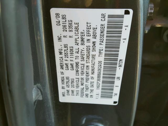 1HGCP36888A062406 - 2008 HONDA ACCORD EXL GRAY photo 10