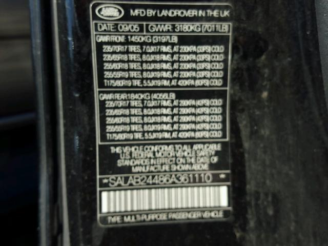 SALAB24486A361110 - 2006 LAND ROVER LR3 BLACK photo 10