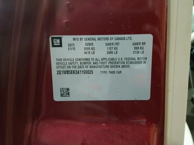 2G1WB5EK3A1190029 - 2010 CHEVROLET IMPALA LT RED photo 10