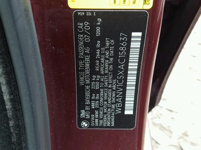 WBANV1C5XAC158637 - 2010 BMW 528 XI MAROON photo 10