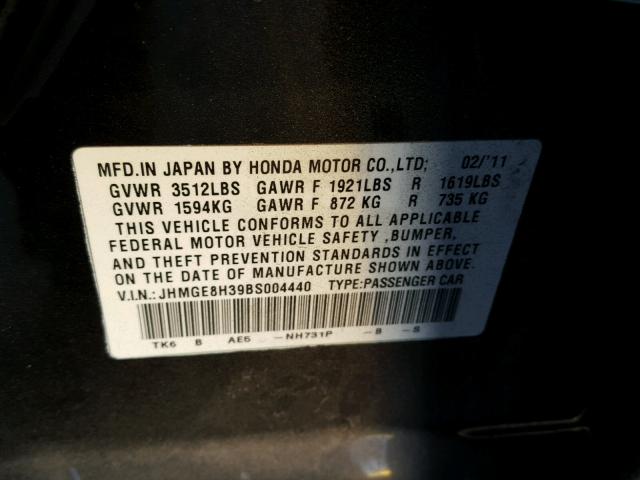 JHMGE8H39BS004440 - 2011 HONDA FIT BLACK photo 10