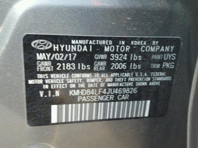 KMHD84LF4JU469826 - 2018 HYUNDAI ELANTRA SE GRAY photo 10