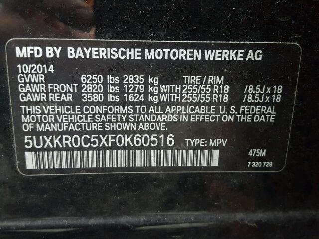 5UXKR0C5XF0K60516 - 2015 BMW X5 XDRIVE3 BLACK photo 10