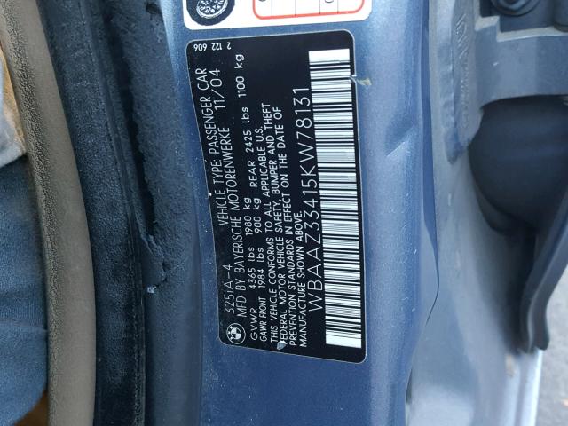 WBAAZ33415KW78131 - 2005 BMW 325 IS SUL BLUE photo 10
