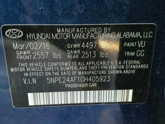 5NPE24AF1GH405923 - 2016 HYUNDAI SONATA SE BLUE photo 10