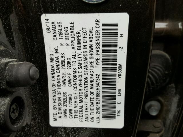 2HGFB2F88EH547342 - 2014 HONDA CIVIC EX BROWN photo 10