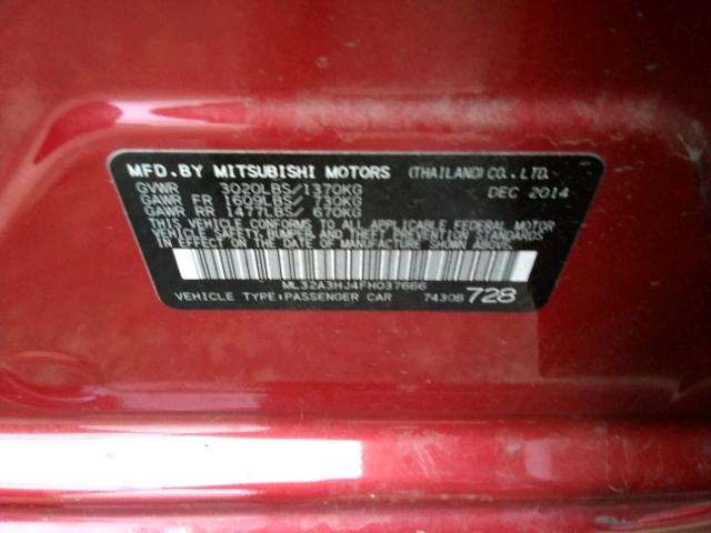 ML32A3HJ4FH037666 - 2015 MITSUBISHI MIRAGE DE RED photo 10