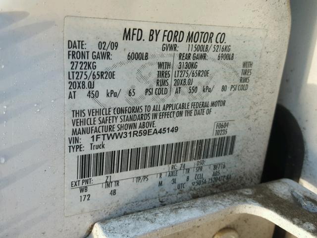 1FTWW31R59EA45149 - 2009 FORD F350 SUPER WHITE photo 10