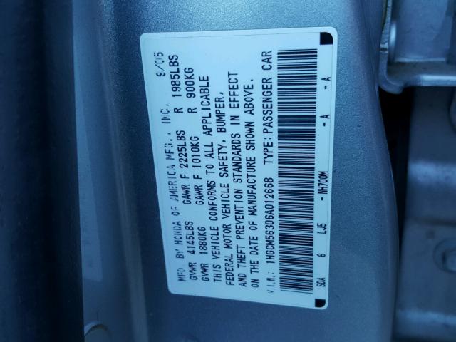 1HGCM56306A012668 - 2006 HONDA ACCORD SE SILVER photo 10