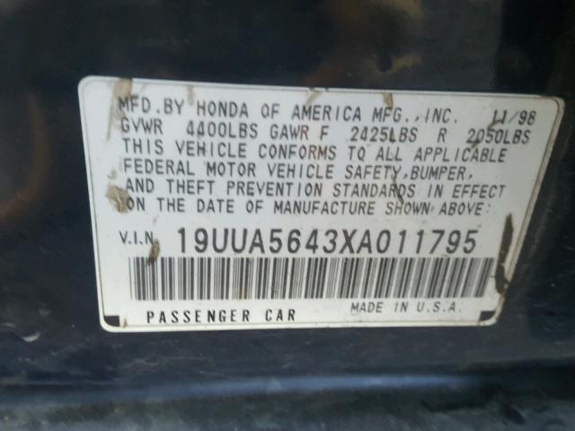 19UUA5643XA011795 - 1999 ACURA 3.2TL BLACK photo 10