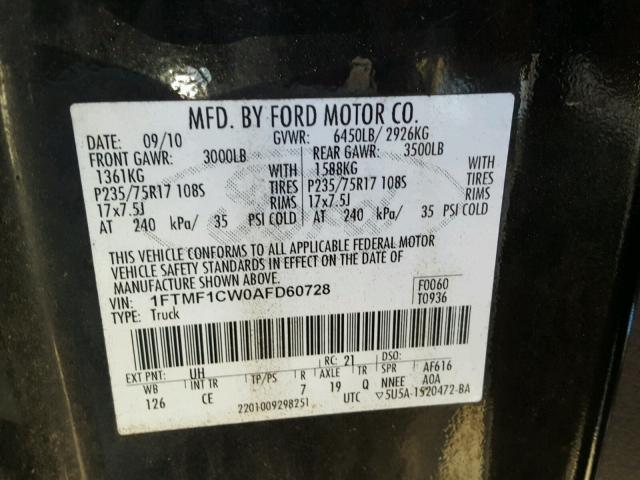 1FTMF1CW0AFD60728 - 2010 FORD F150 BLACK photo 10