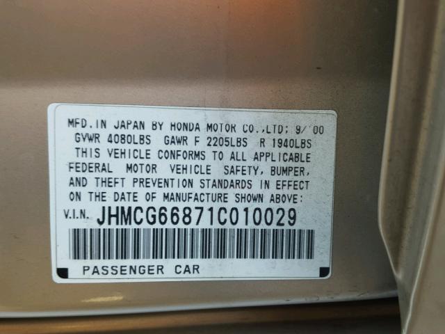 JHMCG66871C010029 - 2001 HONDA ACCORD EX GOLD photo 10