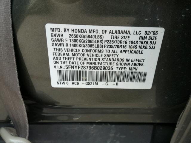 5FNYF28796B029036 - 2006 HONDA PILOT EX GREEN photo 10