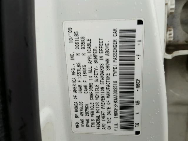 1HGCP3F83AA002510 - 2010 HONDA ACCORD EXL WHITE photo 10